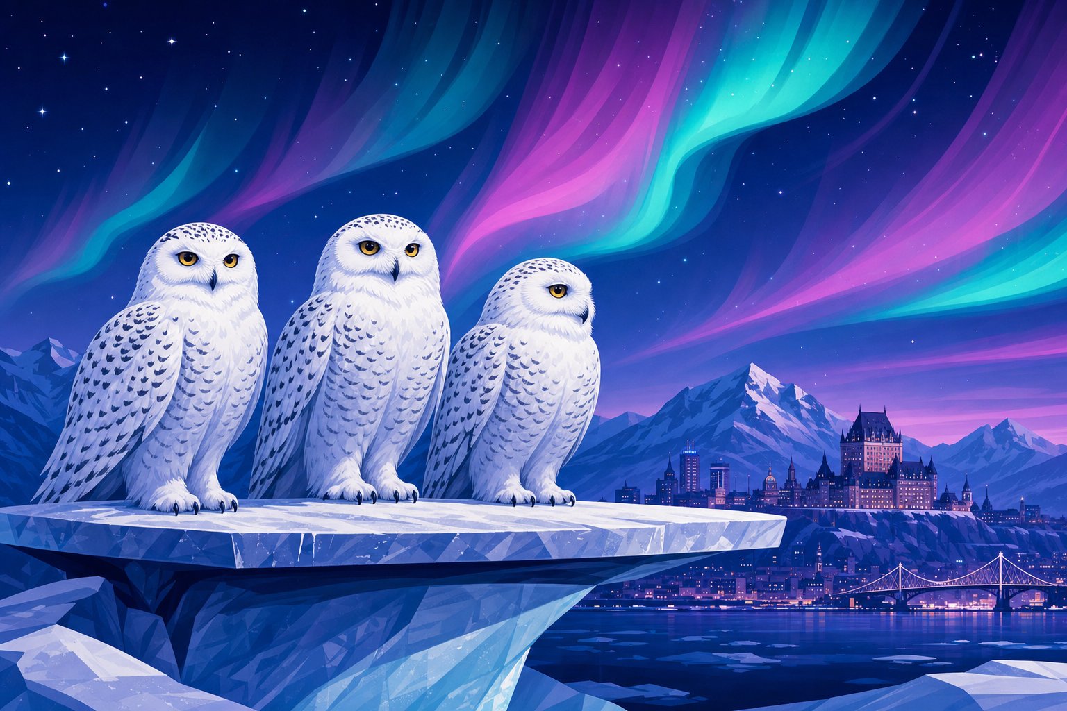 Illustration of three Snowy Owls perched together like a team, representing the site's editorial team