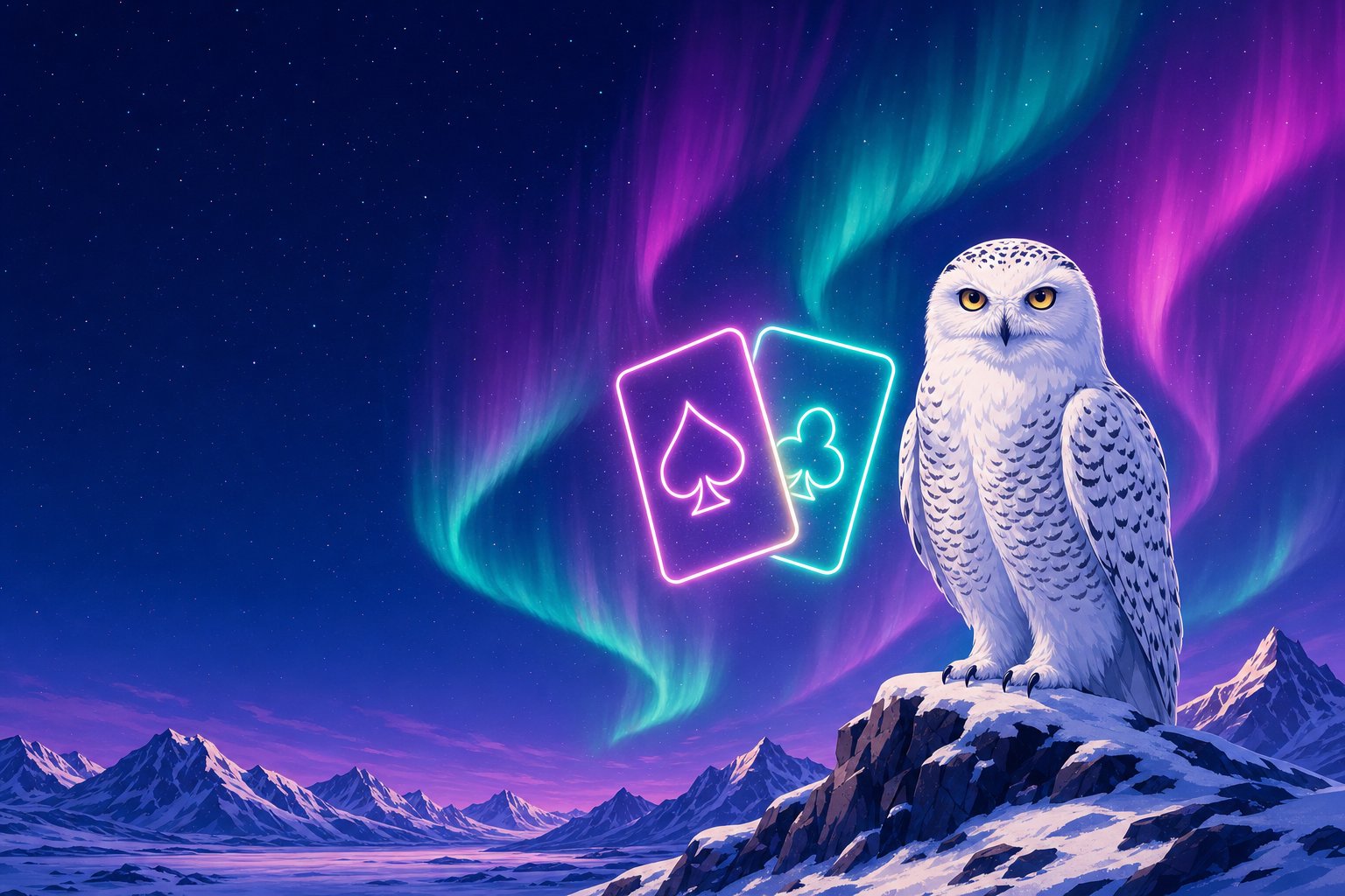 Illustration of a Snowy Owl beside two glowing playing-card icons, representing the online blackjack guide
