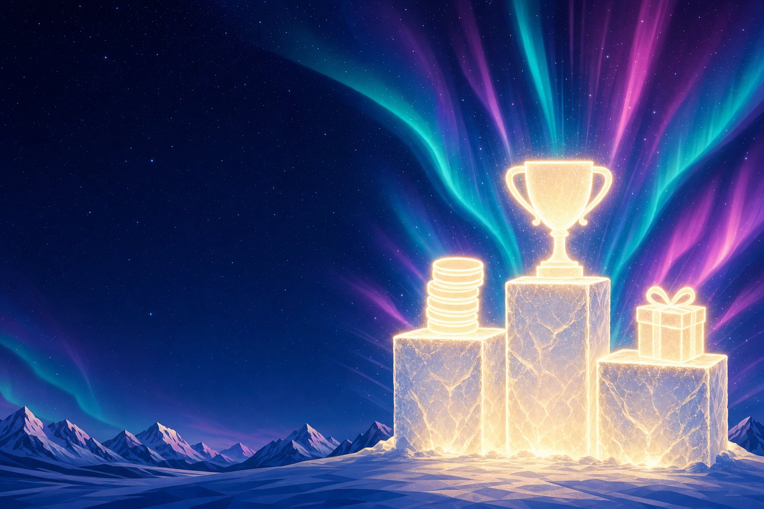 Illustration of a glowing three-tier ice podium topped with a trophy, casino chips, and a gift box beneath the aurora borealis, representing the top 3 ranked casino bonuses in Quebec