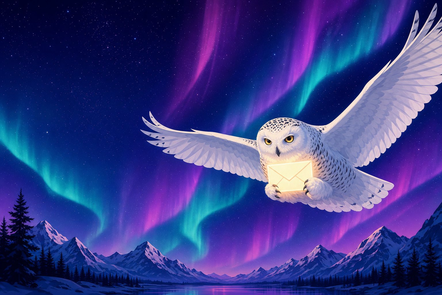 Illustration of a Snowy Owl in flight carrying a glowing envelope icon, representing contacting the editorial team