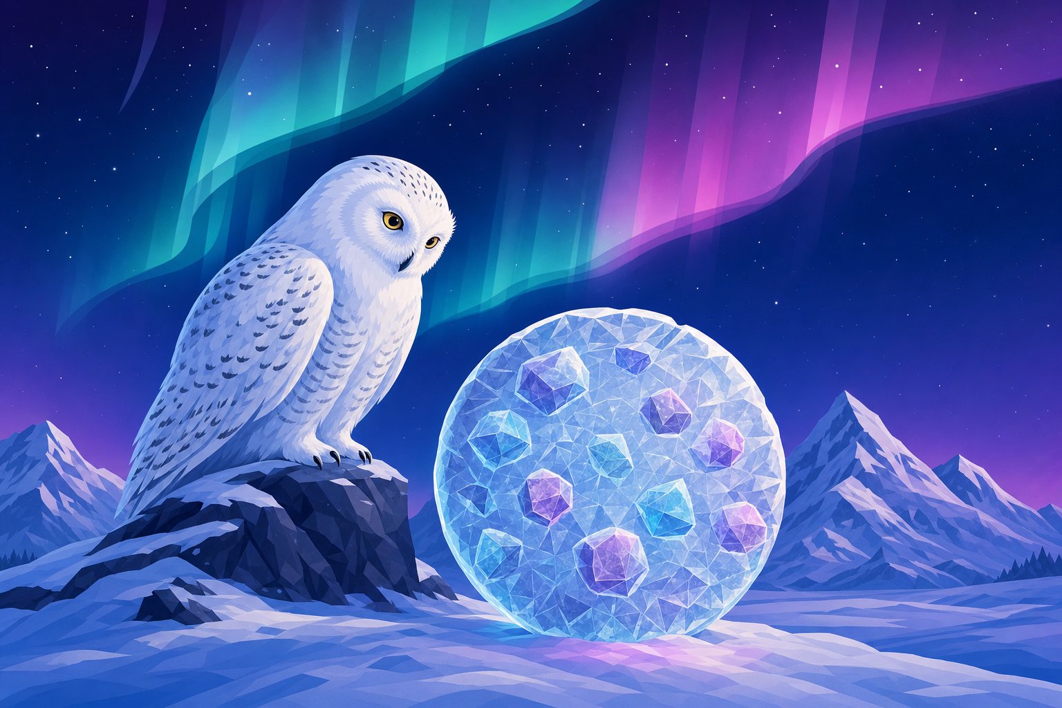 Illustration of a Snowy Owl beside a large crystal cookie sculpture, representing the site's cookie policy