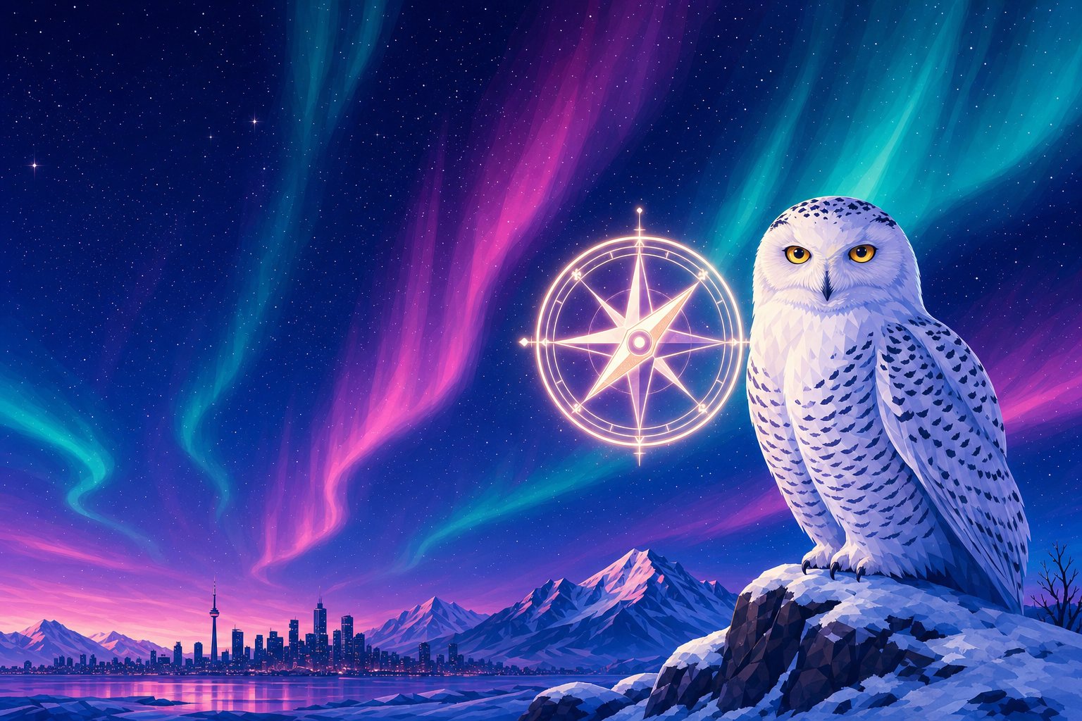 A Snowy Owl perched on a snowy rock beside a glowing compass icon, with the aurora borealis over a city skyline and mountains