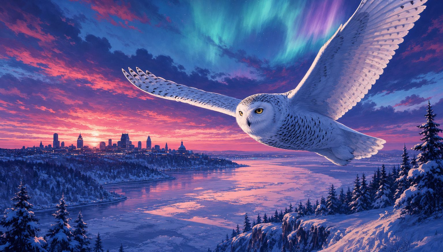 A Snowy Owl in flight over the frozen St. Lawrence River at dusk, with the aurora borealis over a Quebec skyline