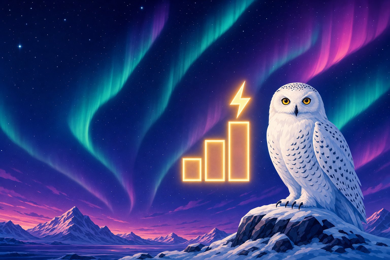 Illustration of a Snowy Owl beside three glowing ranked podium bars topped with a lightning bolt, representing the fastest Interac payout casinos