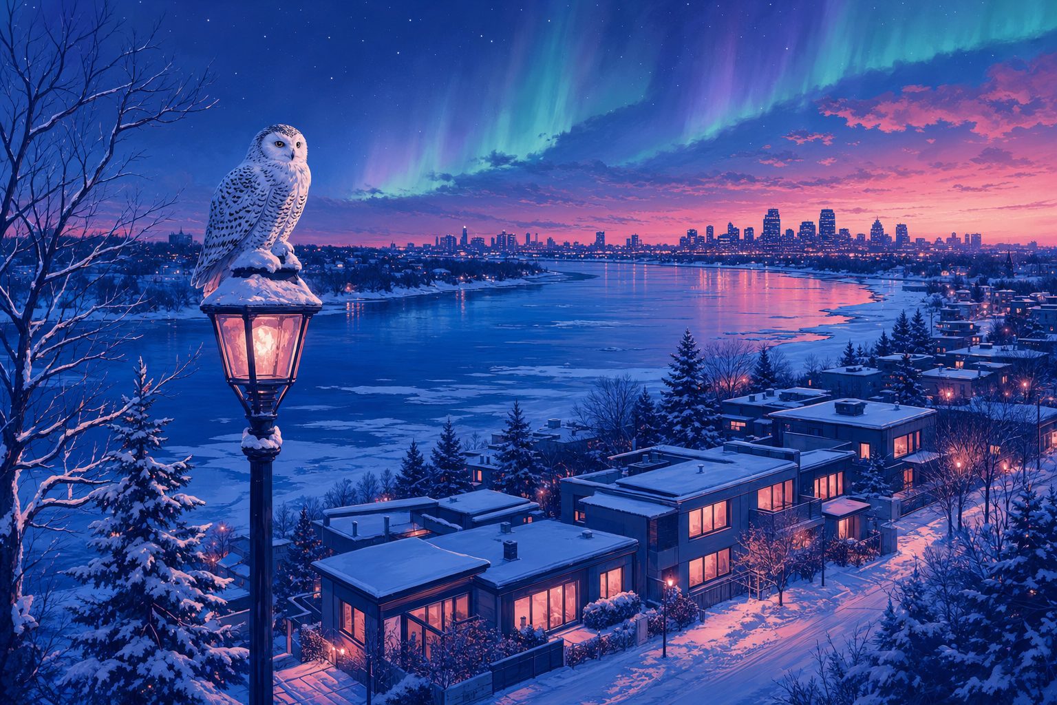 Illustration of a Snowy Owl perched over the snow-covered riverside of Laval, with the Montreal skyline glowing across the river at dusk