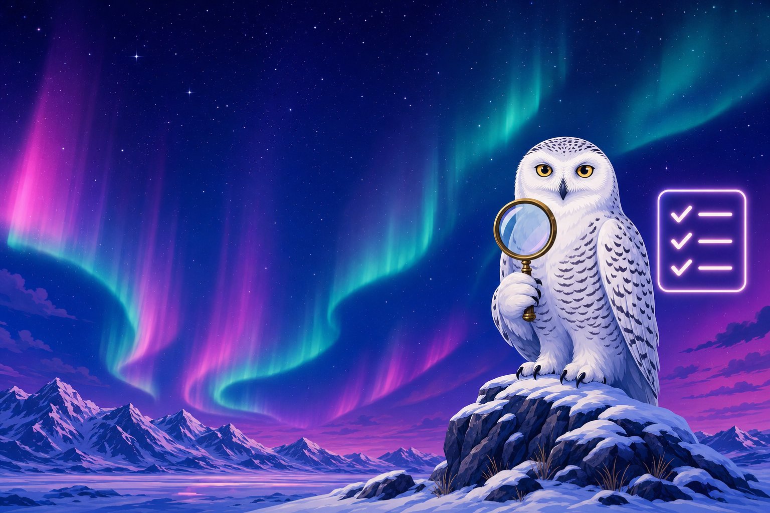 Illustration of a Snowy Owl inspecting a magnifying glass and glowing checklist icons, representing our review methodology