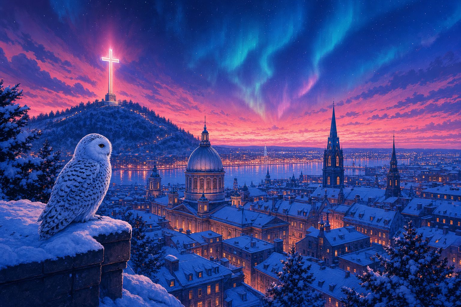 Illustration of a Snowy Owl overlooking snow-covered Old Montreal and the Mount Royal cross at dusk