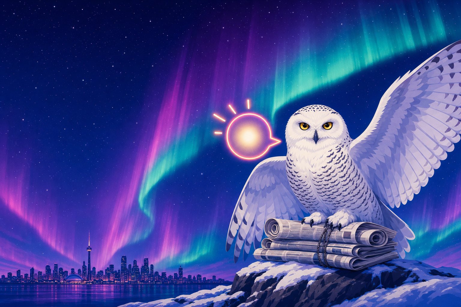 A Snowy Owl perched on a bundle of newspapers beside a glowing speech-bubble icon, with the aurora borealis over a city skyline
