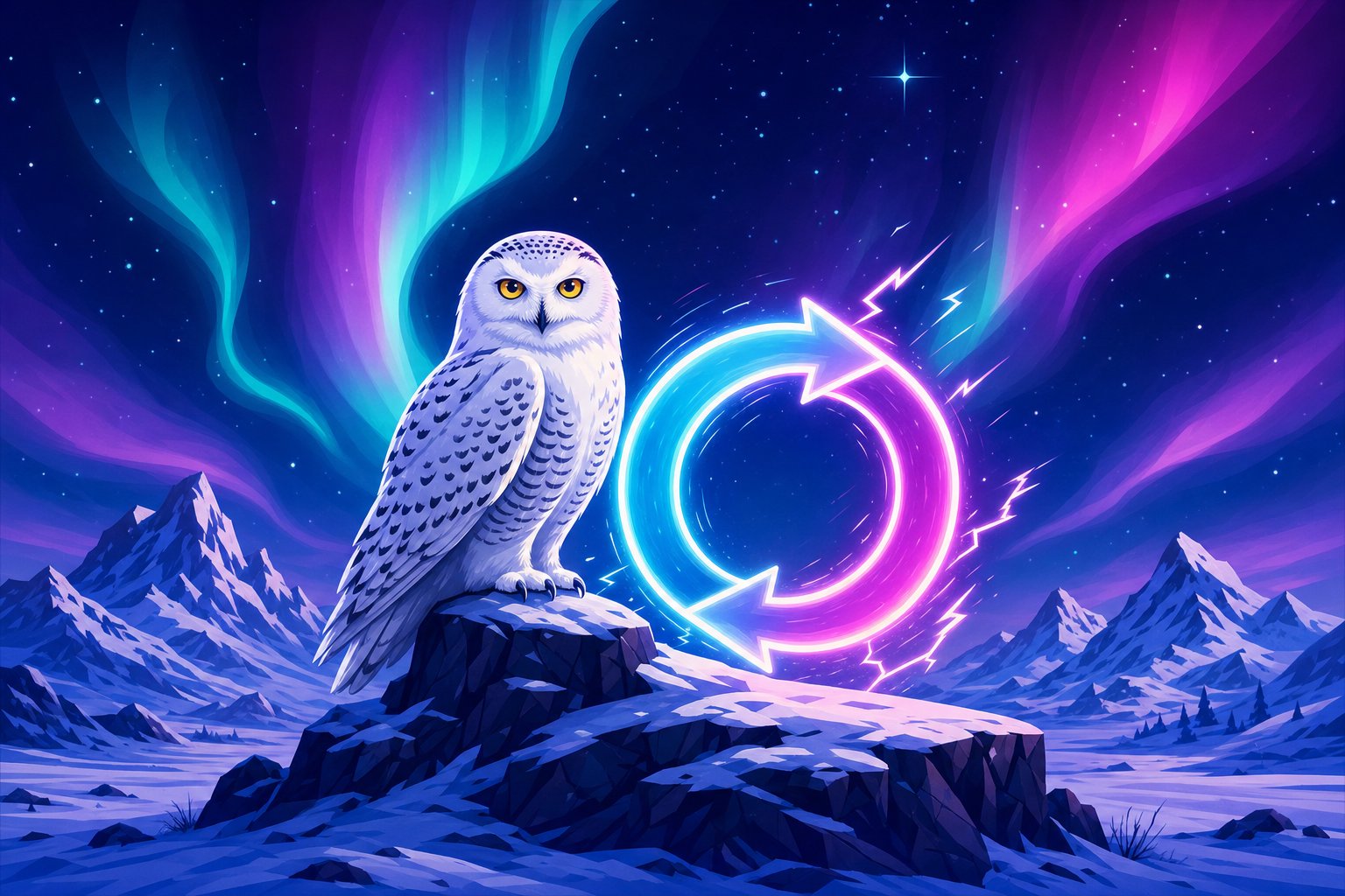 Illustration of a Snowy Owl beside a glowing fast-transfer loop icon with lightning accents, representing quick Interac payouts
