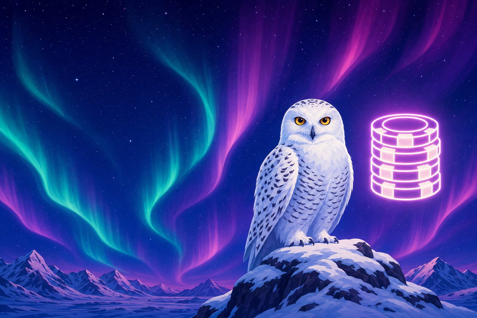Illustration of a Snowy Owl beside a glowing stack of poker chips, representing the online poker guide