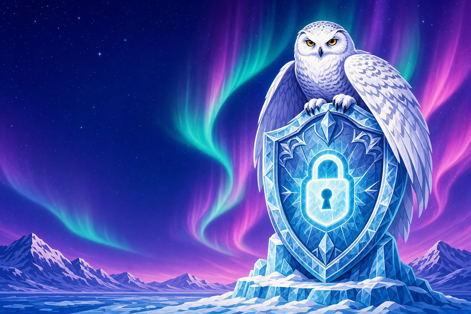 Illustration of a Snowy Owl guarding an ice shield with a glowing padlock, representing privacy and data protection