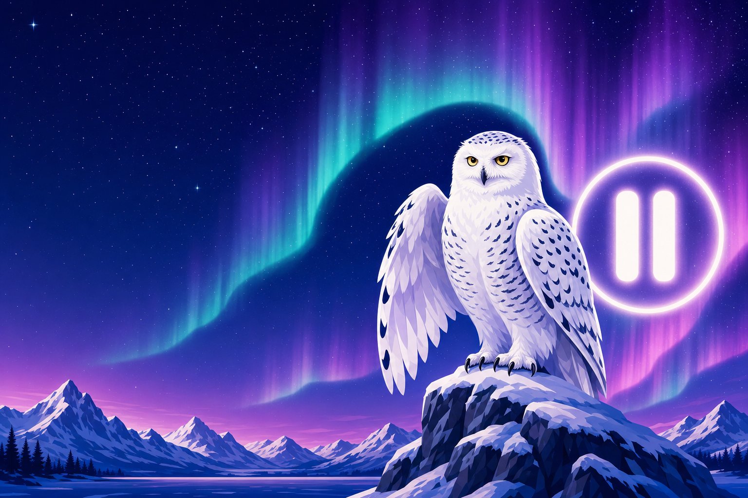 Illustration of a Snowy Owl standing watch beside a glowing pause symbol, representing responsible gambling and knowing when to stop
