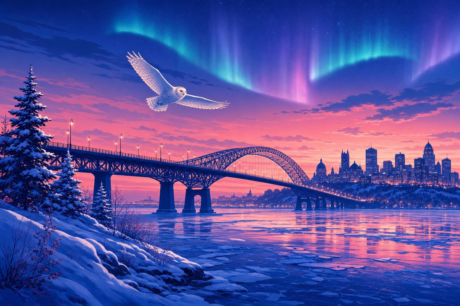 Abstract illustration of a calm river at dusk crossing beneath an arched bridge, representing the connection between Kahnawake and Montreal
