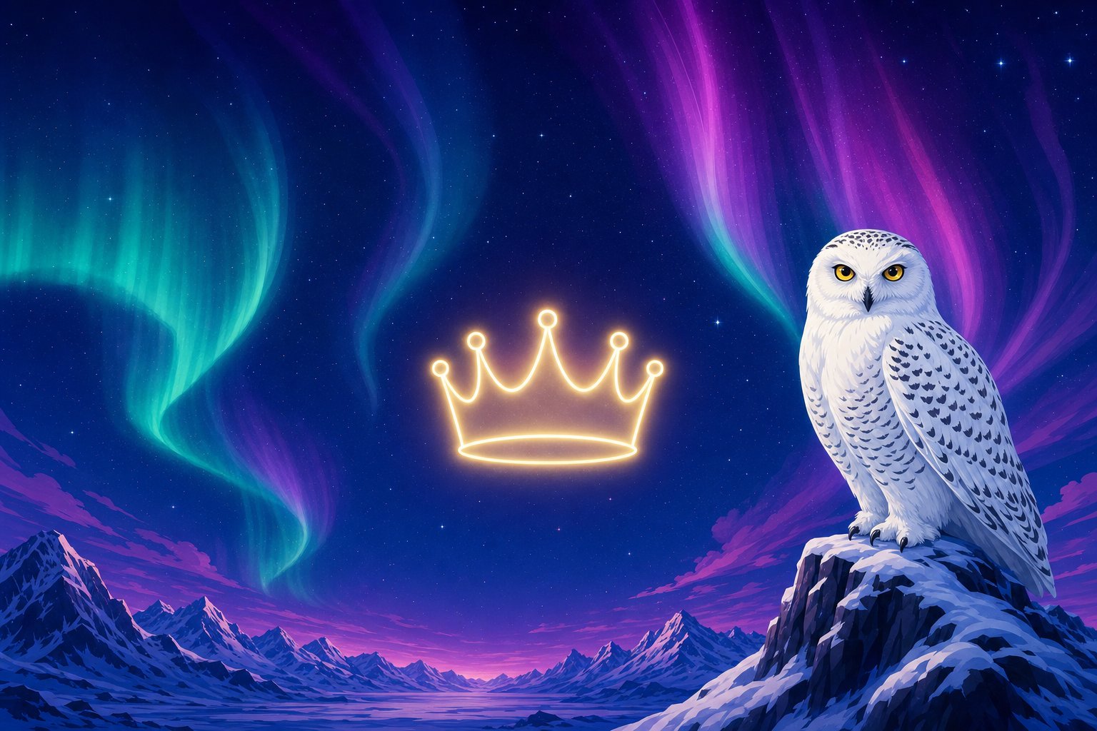 Illustration of a Snowy Owl beside a glowing crown icon, representing Royal Vegas's long regulatory history