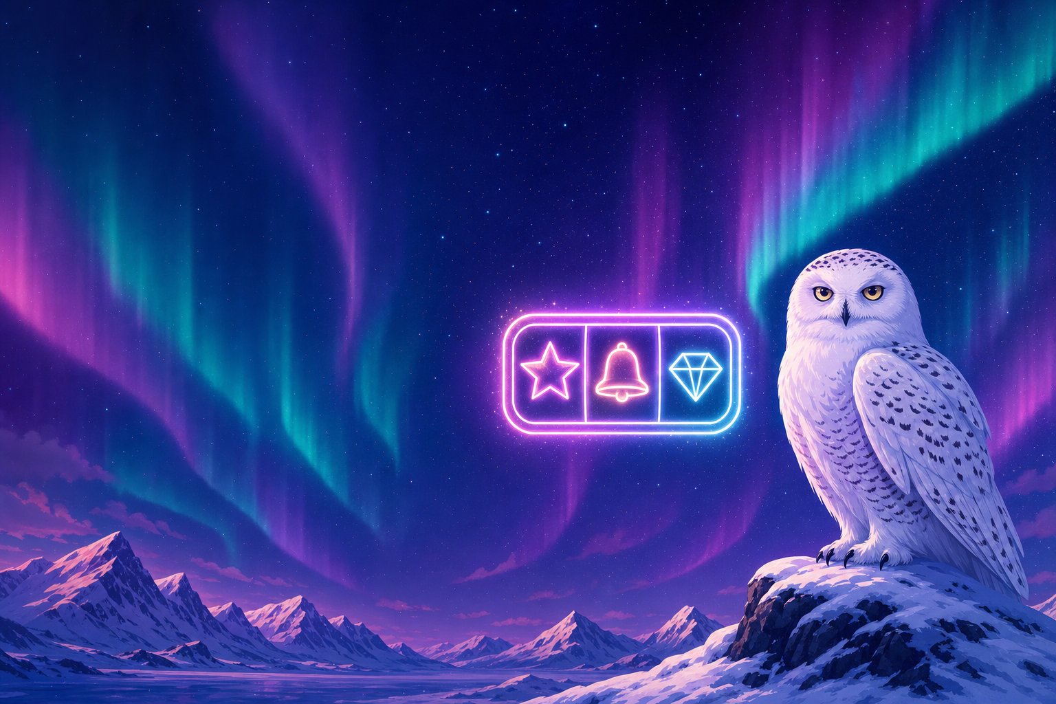 Illustration of a Snowy Owl beside a glowing slot-reel icon, representing the online slots guide