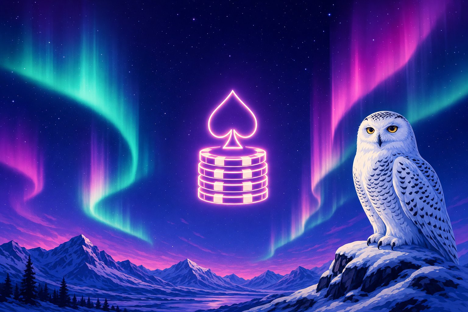 Illustration of a Snowy Owl beside a glowing poker-chip stack topped with a spade symbol, representing Tonybet's dedicated poker room
